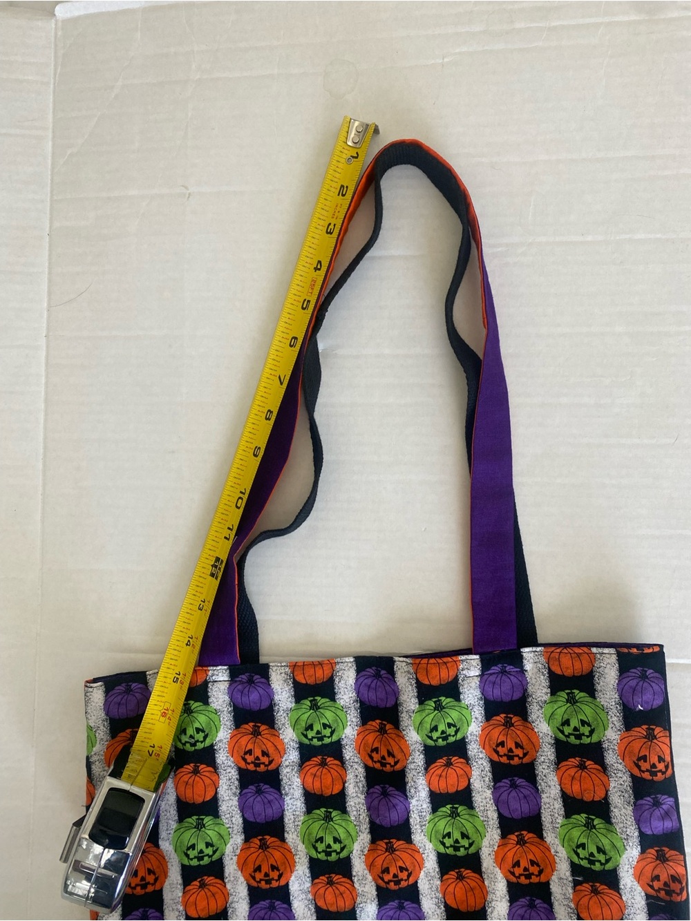 Handmade Upcycled Halloween Pumpkin Print Tote Bag in Orange, Purple & Green - Picture 5 of 6